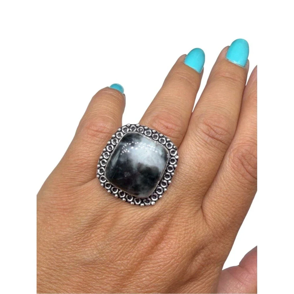 White Buffalo Turquoise Ring Size 9.5 925 Sterling Silver Overlay